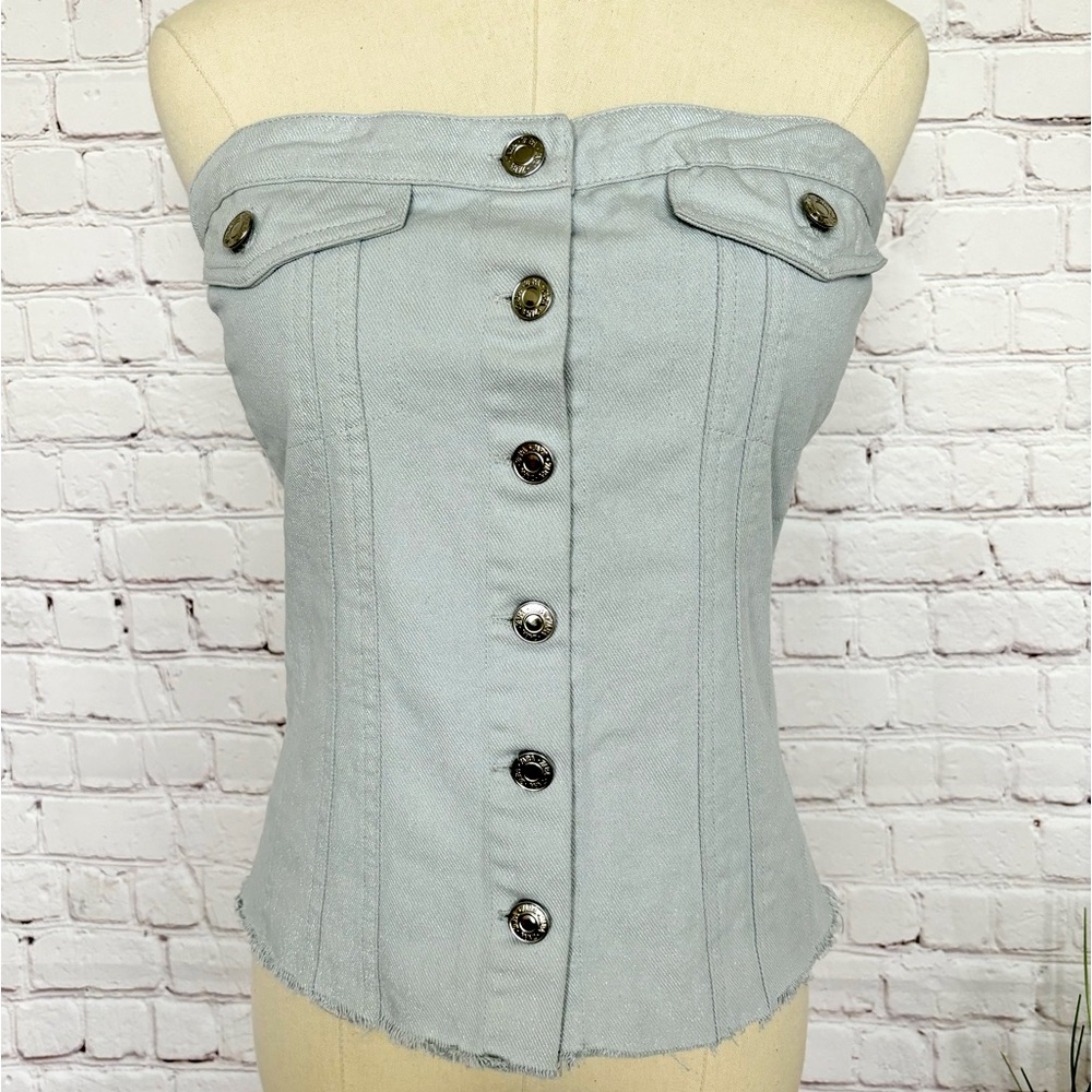 ZARA Top Strapless Silver Blue Denim Corset Style Tube Top—NWT—XXL - Picture 1 of 16